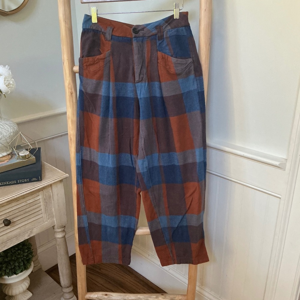 Free People Plaid High Rise Tapered Pants Rust Blue Brown Size 0 Grandpacore